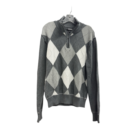 Men's Vintage CARBON Gray White Argyle Quarter-Zip Sweater Size L - Picture 1 of 8